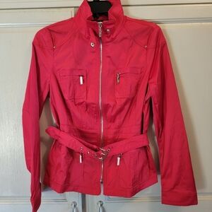 White House Black Market Red Belted Windbreaker Moto Jacket